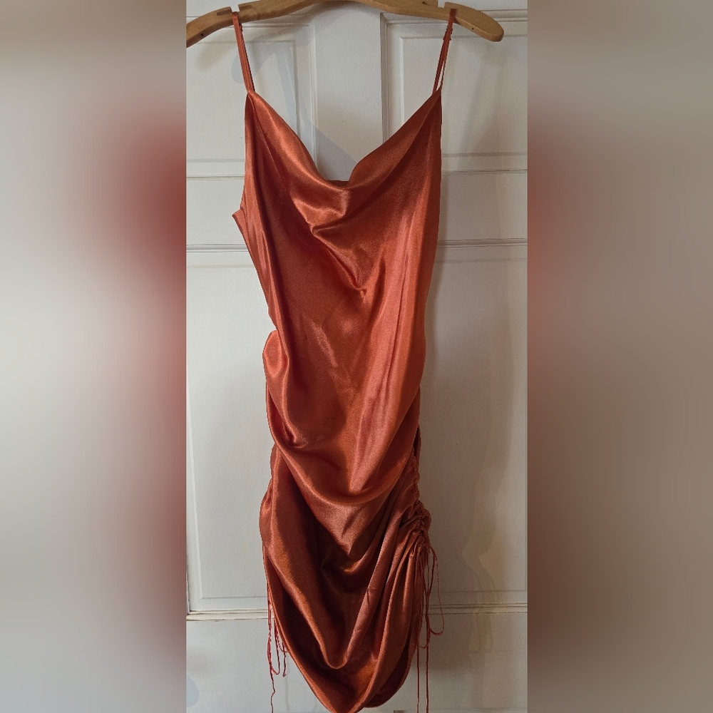 Satin Ruched Slip Dress in Rust